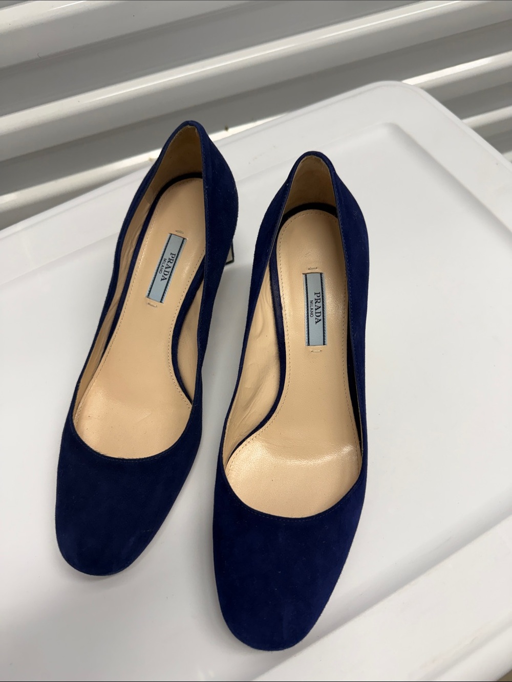 Prada Deep Blue Suede Round-Toe Pumps
